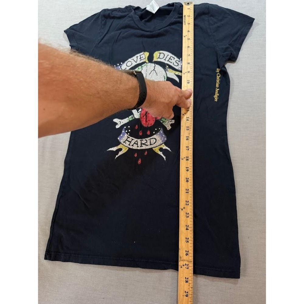 Ed Hardy Love Dies Hard Skull Heart Tattoo Graphic Black Tee Womens‎ M USA Y2K. - Picture 8 of 8